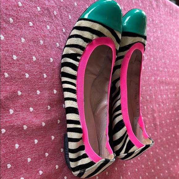 Pretty Ballerinas Zebra Print Women's Shoes with Green and Pink Accents - Picture 3 of 4